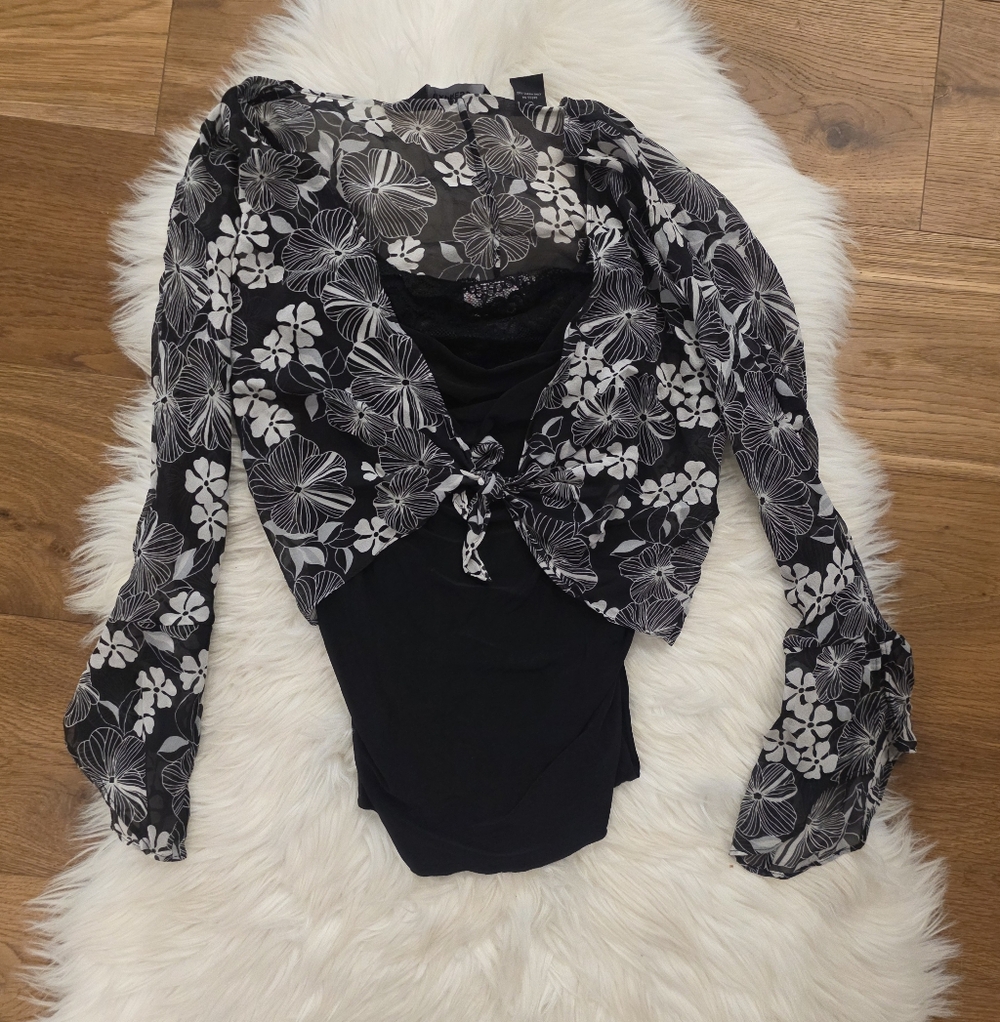 Vintage Black Floral Sheer Tie-Front Top - Women's